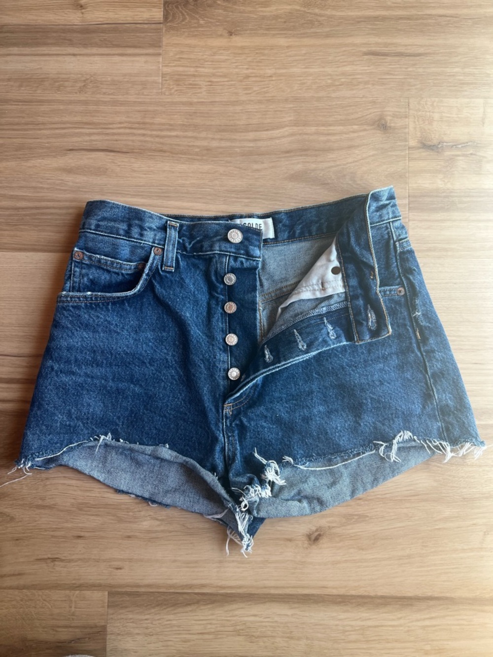 Agolde Dark Blue Denim Frayed Hem High-Rise Shorts